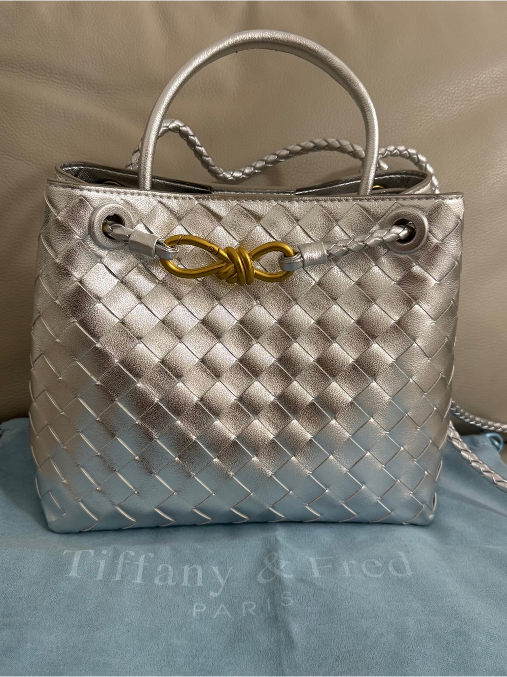 Tiffany & Fred Silver Woven Leather Tote with Gold Knot Accent / NWOT